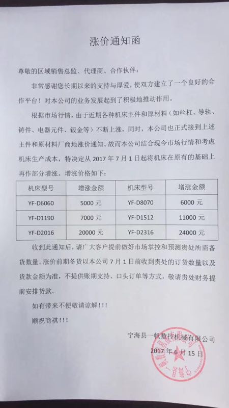 數(shù)控雕銑機(jī)和高速龍門(mén)銑漲價(jià)通知！